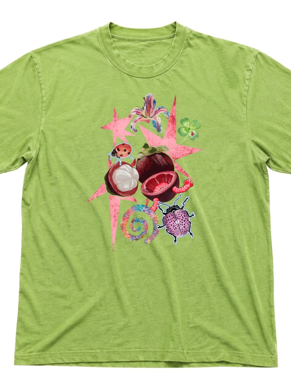 Gildan Lime Green Short Sleeve Tee with Colorful Fruit & Bug Graphic